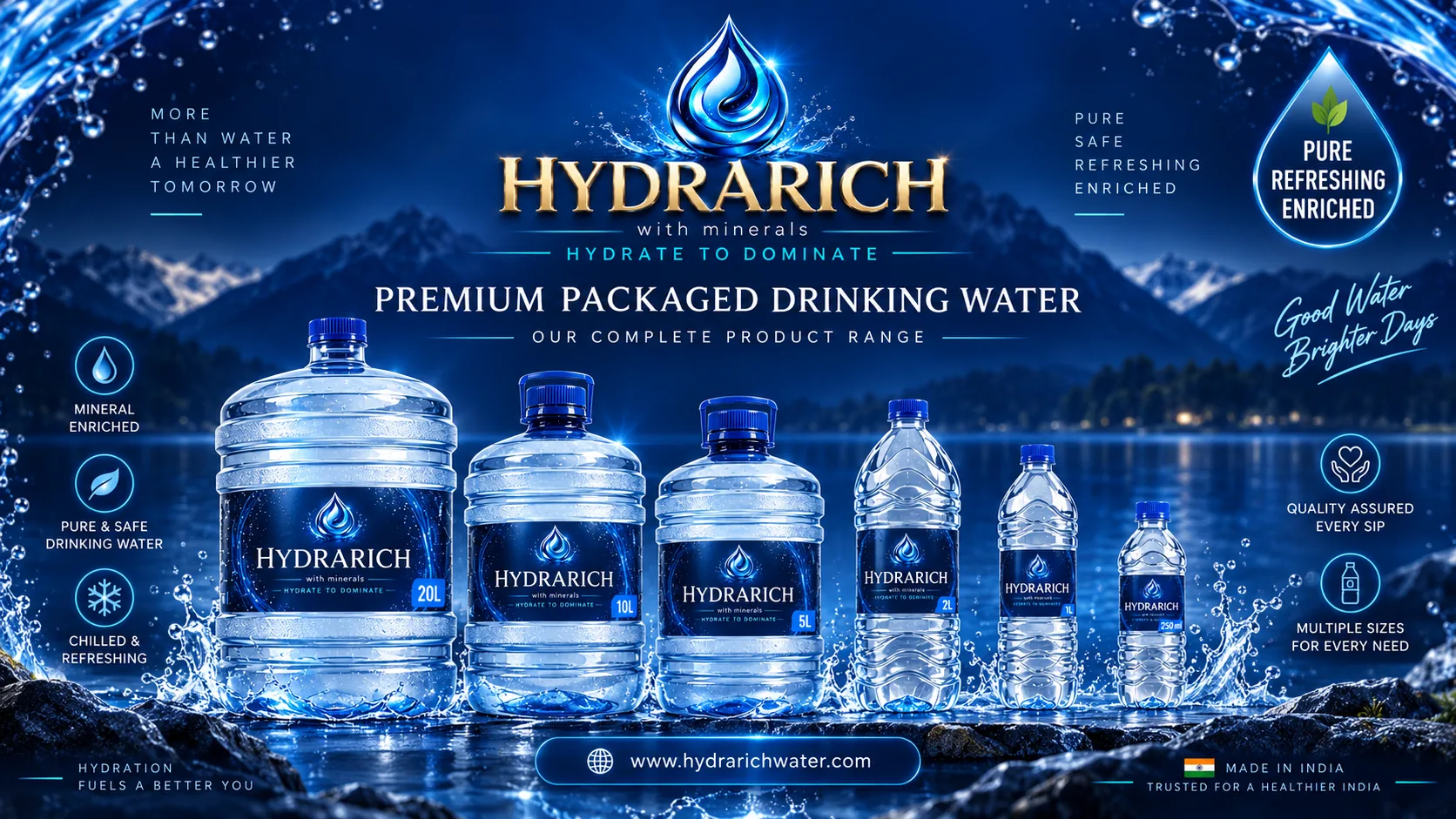The HYDRARICH range — 20 L, 10 L, 5 L, 2 L, 1 L and 250 ml packs